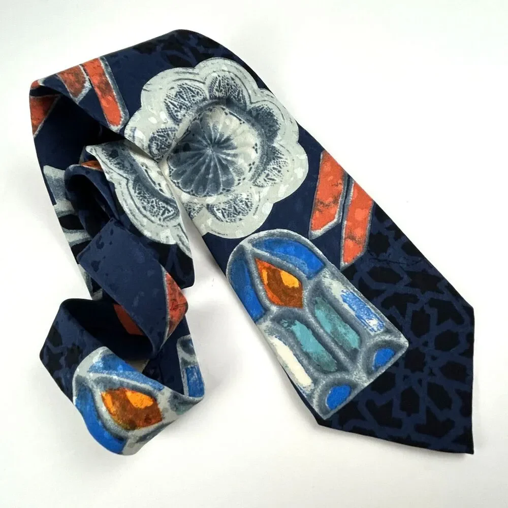 Hubert Milano Italy Blue Orange Graphic Silk Neck Tie